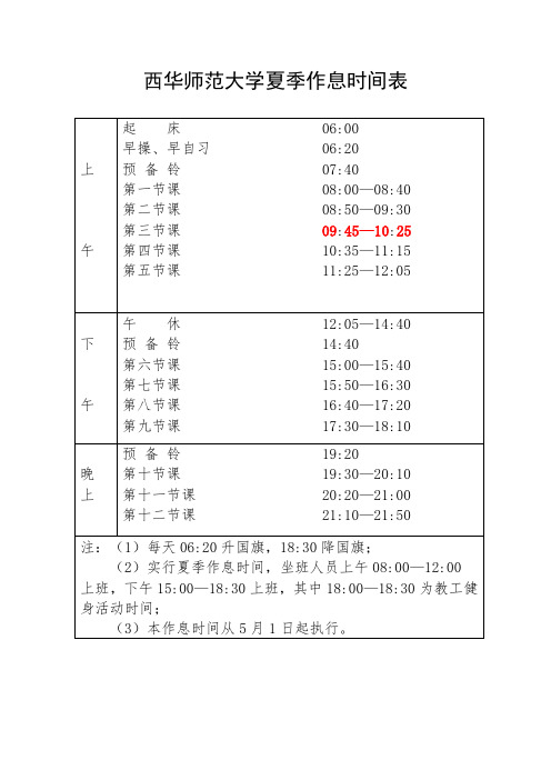 西华师范大学作息时间表(夏、冬)