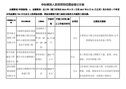 中标候选人及其项目经理业绩公示表