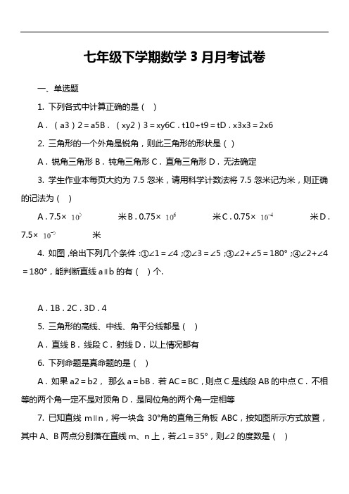 七年级下学期数学3月月考试卷第12套真题