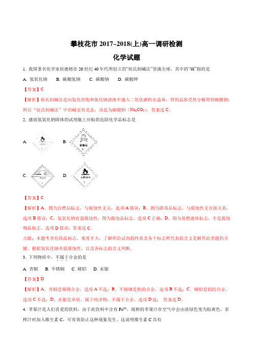 四川省攀枝花市2017-2018学年高一上学期调研检测化学试题(解析版)