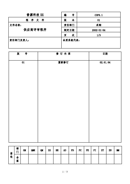 质量体系编写表格Cop6-1