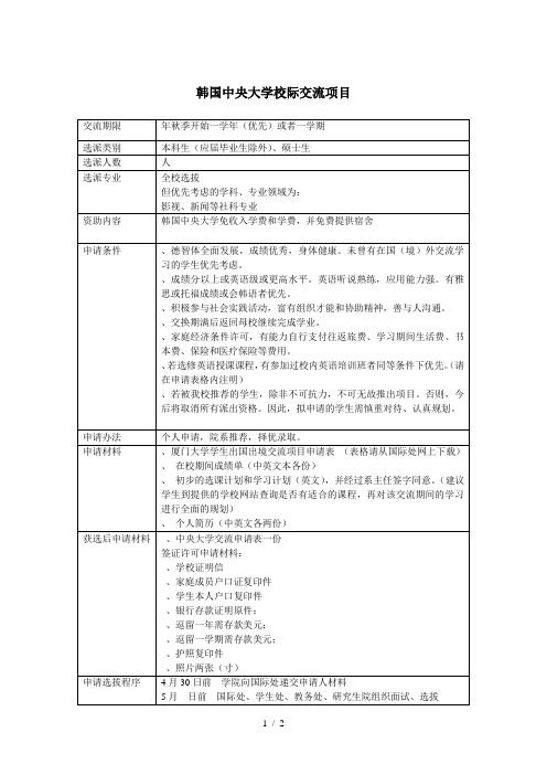 韩国中央大学校际交流项目