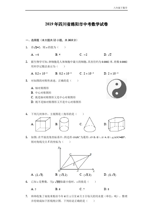 2019四川省绵阳中考数学试卷(word版,含答案)