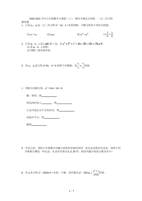 九年级数学人教版(上) 期末专题过关训练  一元二次方程