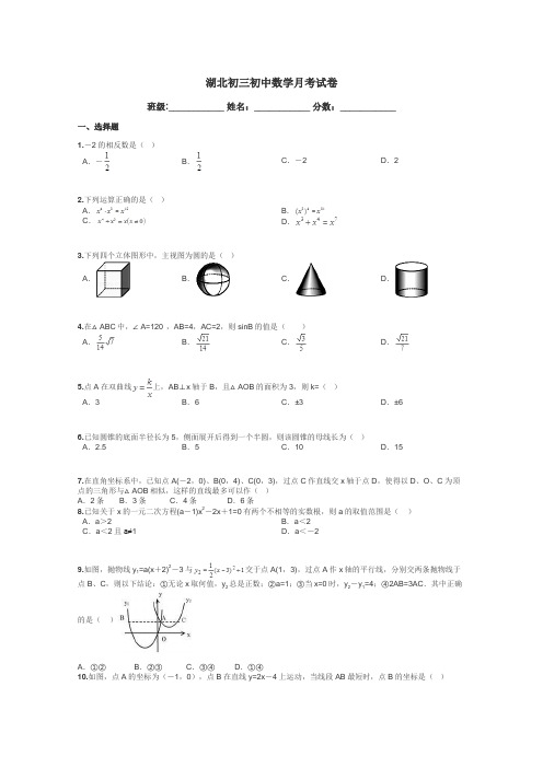 湖北初三初中数学月考试卷带答案解析
