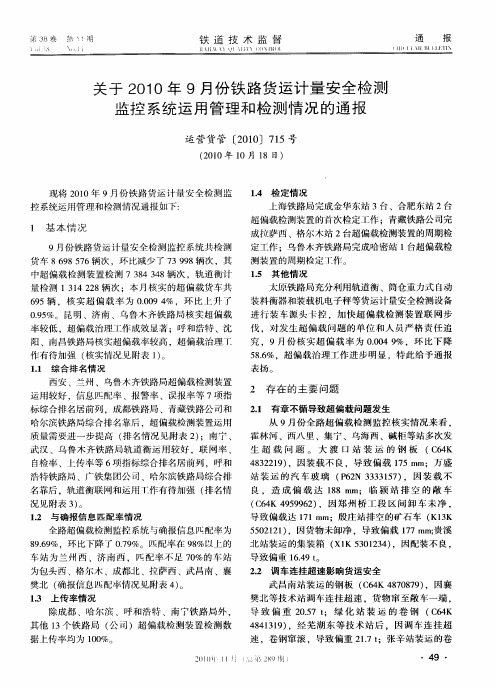 关于2010年9月份铁路货运计量安全检测监控系统运用管理和检测情况的通报