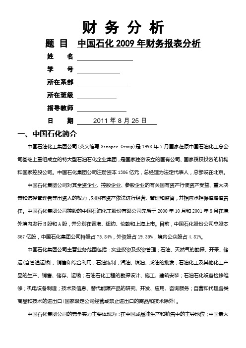 中石化2009年度财务报表综合分析报表