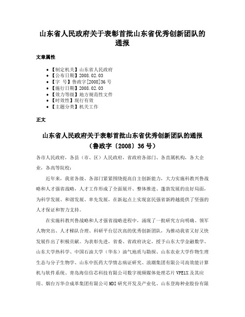 山东省人民政府关于表彰首批山东省优秀创新团队的通报