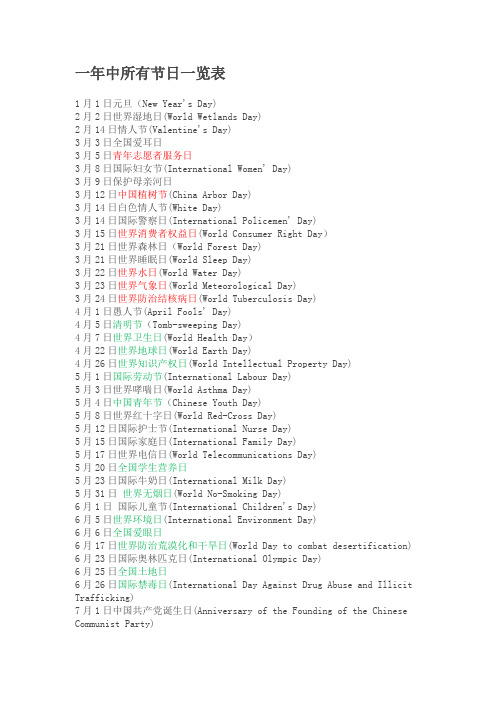 一年中所有节日一览表