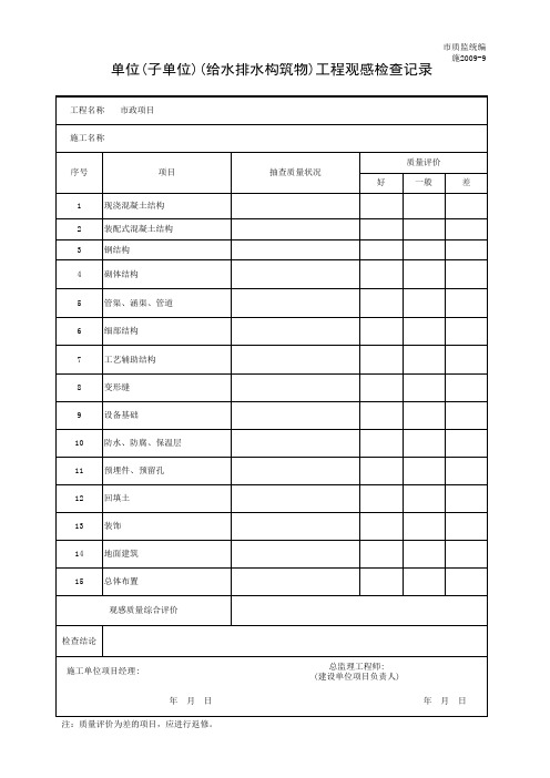 施2009-9 单位(子单位)(给水排水构筑物)工程观感检查记录