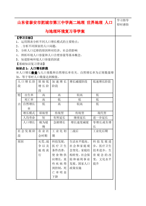 山东省泰安市肥城市第三中学高二地理 世界地理 人口与地理环境复习导学案