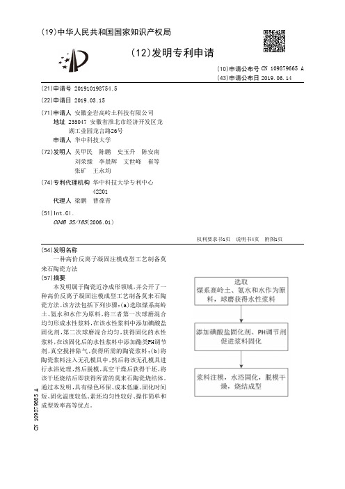 【CN109879665A】一种高价反离子凝固注模成型工艺制备莫来石陶瓷方法【专利】