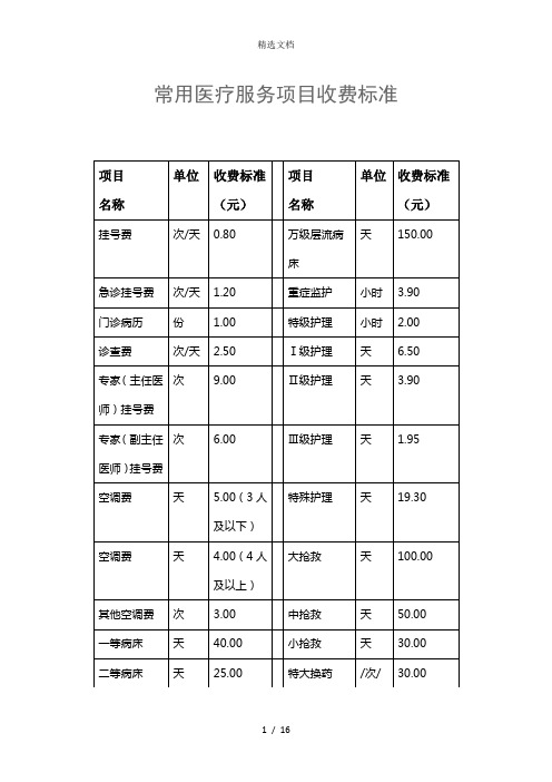 常见医疗服务项目收费标准