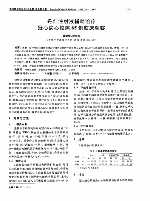 丹红注射液辅助治疗冠心病心绞痛65例临床观察