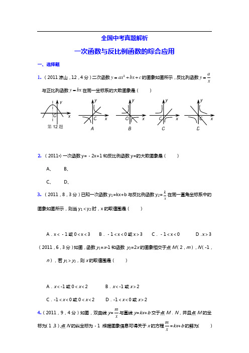 2011中学考试数学真题解析汇报48_一次函数与反比例函数地综合应用(含问题详解)