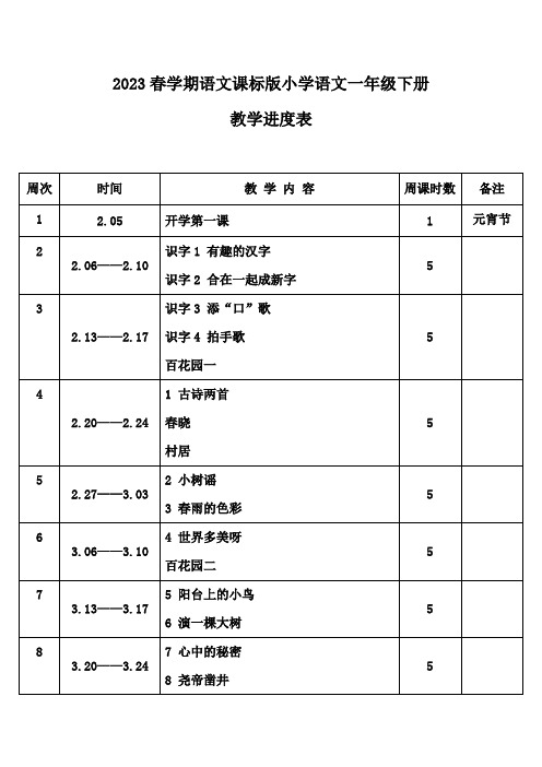 2023年春学期语文课标版小学语文一年级下册教学进度表