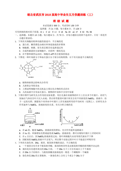 最新-湖北省武汉市2018届高三理综五月供题训练(三) 精品