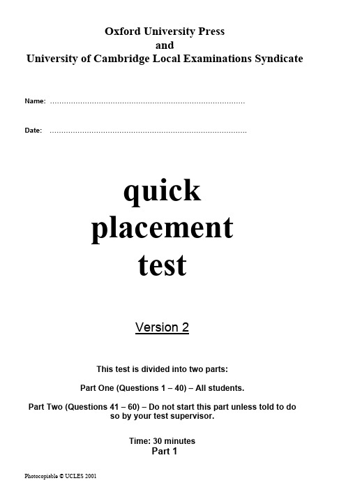 oxford quick placement test试卷