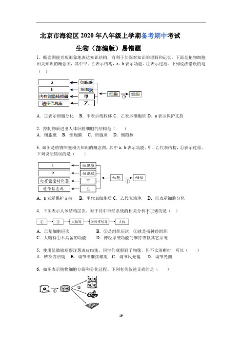 北京市海淀区2020年八年级上学期备考期中   考试生物(部编版)易错题解析