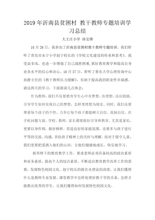 《2019年沂南县贫困村教干教师专题培训学习总结》