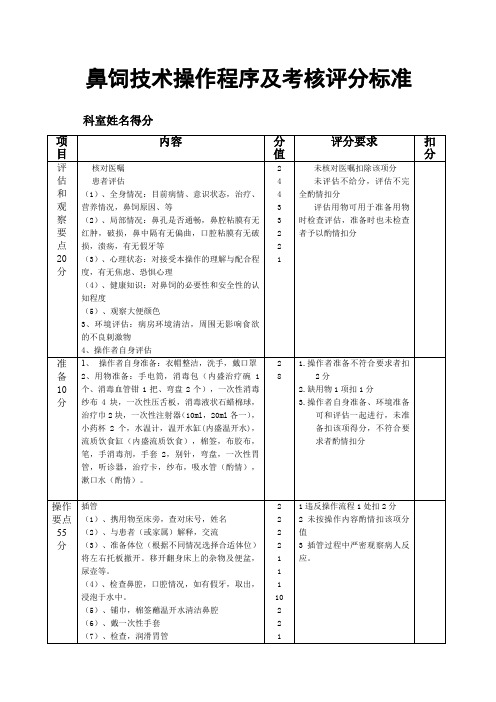 鼻饲技术操作评分标准