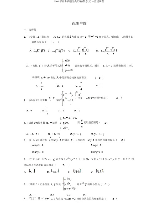 2008年高考试题分类汇编(数学文)—直线和圆