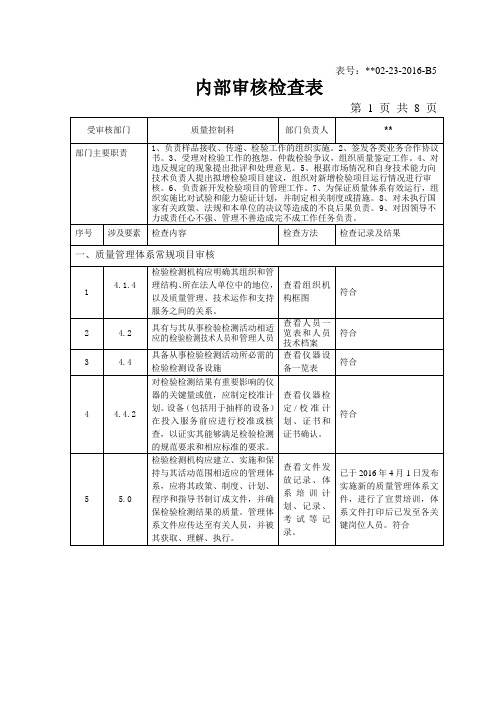 2016版5 内部审核检查表(质量控制科)