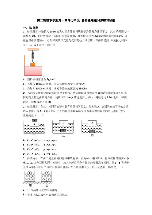 初二物理下学期第十章浮力单元 易错题难题同步练习试题