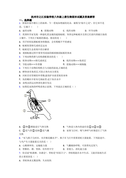 杭州市之江实验学校八年级上册生物期末试题及答案解答