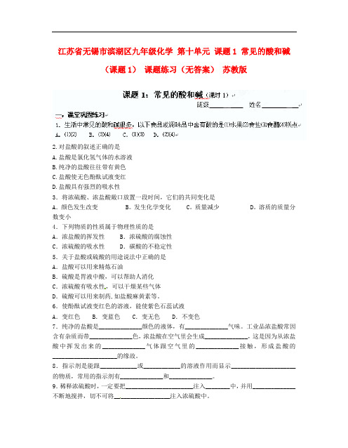 江苏省无锡市滨湖区九年级化学 第十单元 课题1 常见的酸和碱(课题1) 课题练习(无答案) 苏教版