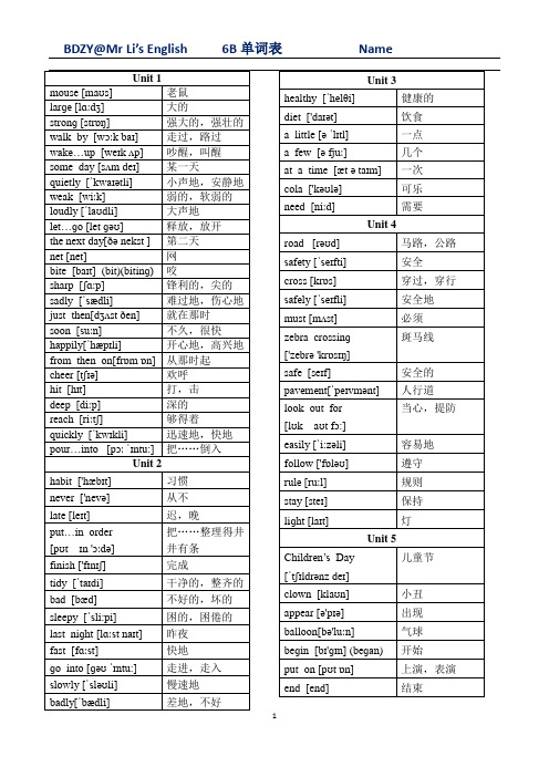 译林版小学英语六年级下册单词表(带音标)