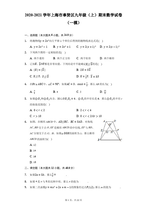 2020-2021学年上海市奉贤区九年级(上)期末数学试卷(一模)(附解析)