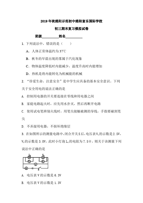 2019-2020学年度第一学期四川省绵阳市示范初中(绵阳富乐国际学校)人教版物理九年级期末模拟试卷