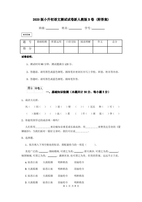 2020版小升初语文测试试卷新人教版B卷 (附答案)