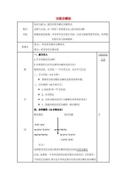 安徽省固镇县七年级数学下册8.4因式分解分组分解法教案新版沪科版