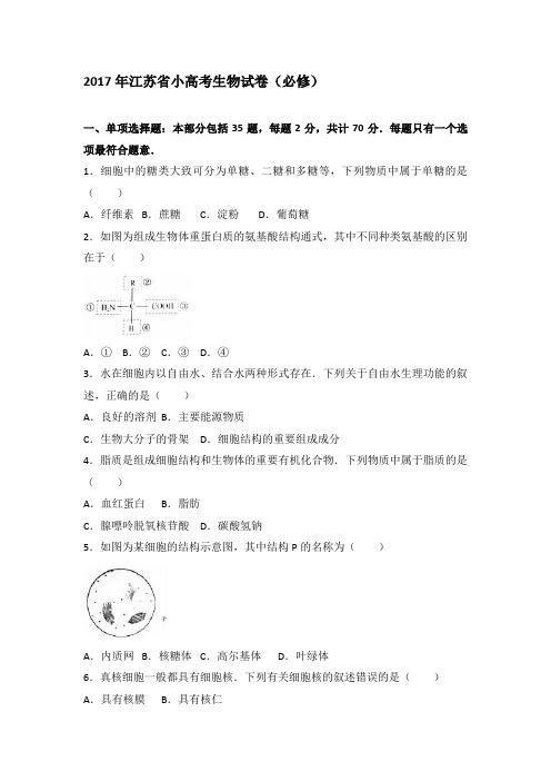 2017年江苏省普通高中学业水平测试(必修科目)试卷生物试题(解析版)