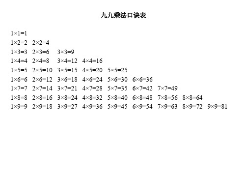 九九乘法口诀表(全word打印版)