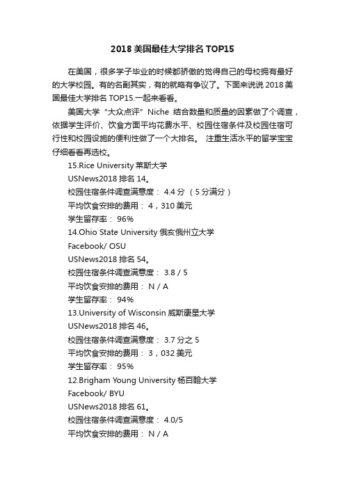 2018美国最佳大学排名TOP15