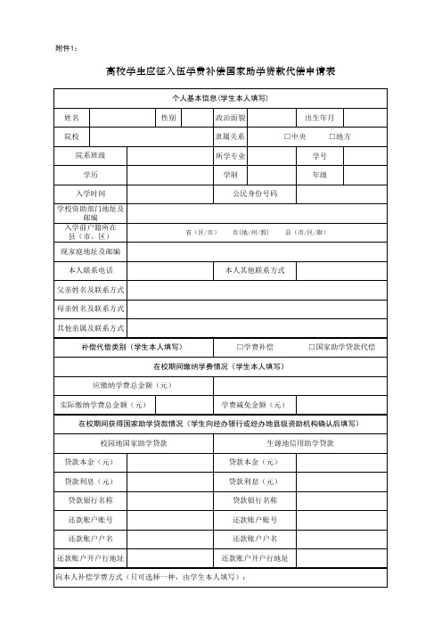 高校学生应征入伍学费补偿国家助学贷款代偿申请表(新版)