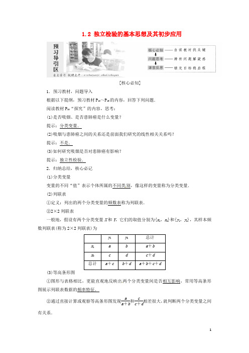 2017-2018学年高中数学第一章统计案例1.2独立检验的基本思想及其初步应用教学案新人教A版选修1_2