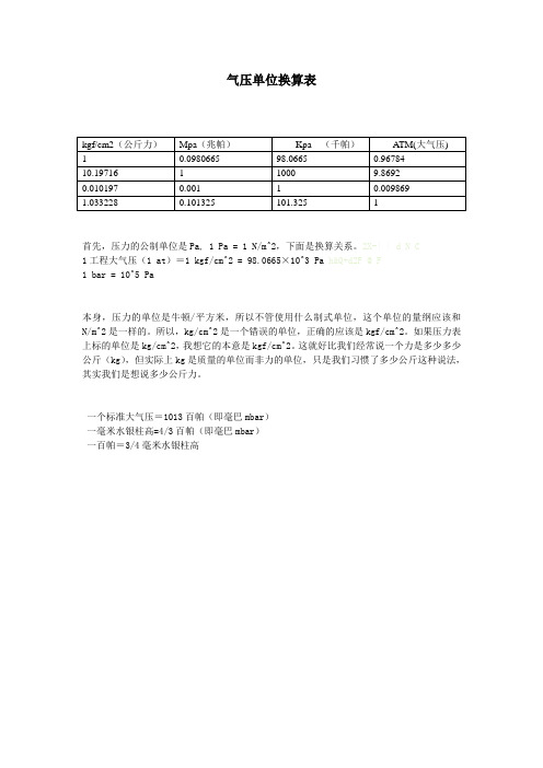 气压单位换算表