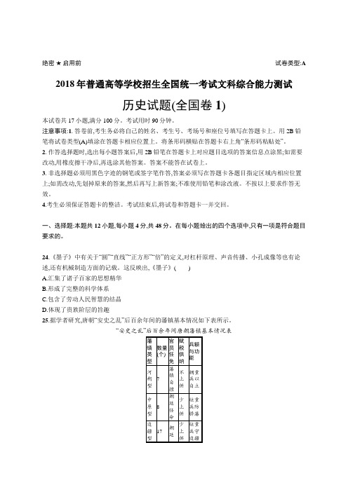 2018年普通高等学校招生全国统一考试历史(全国卷1)