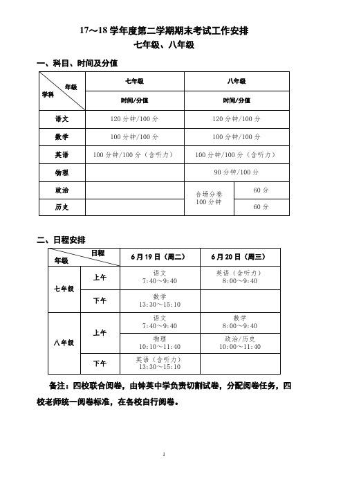 17~18学年第二学期期末考试工作安排