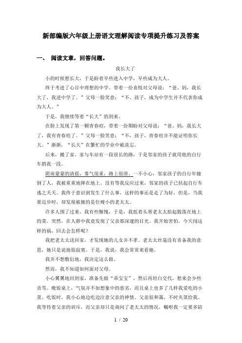 新部编版六年级上册语文理解阅读专项提升练习及答案