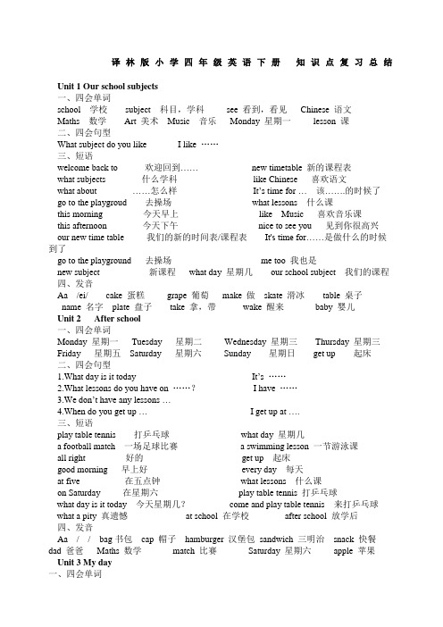 译林版小学四年级英语下册知识点复习总结