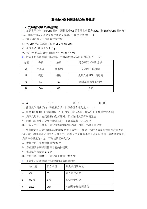 惠州市化学初三化学上册期末试卷(带解析)