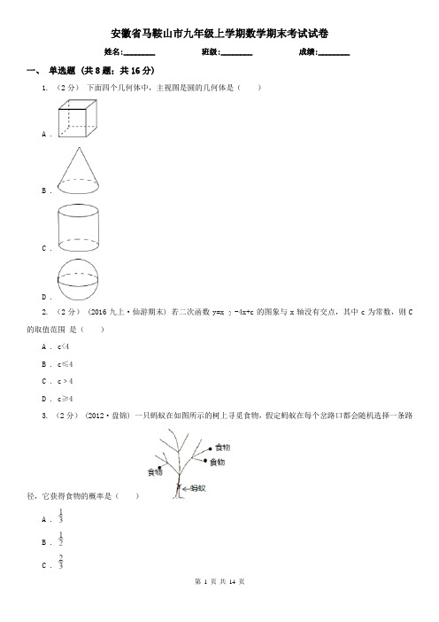 安徽省马鞍山市九年级上学期数学期末考试试卷