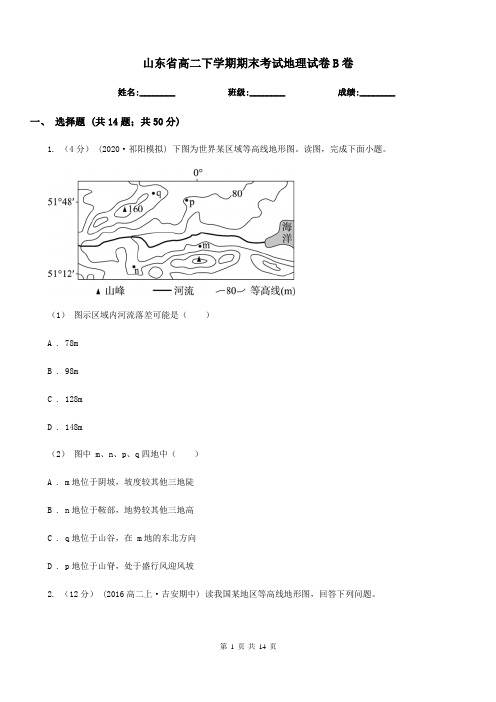 山东省高二下学期期末考试地理试卷B卷