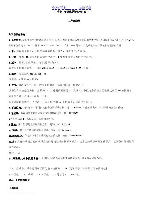 小学二年级上册数学知识点归纳总结