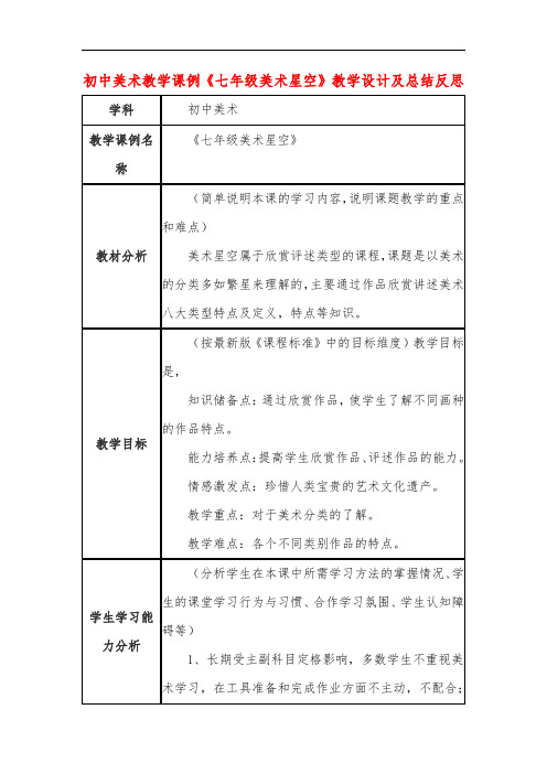 初中美术教学课例《七年级美术星空》教学设计及总结反思